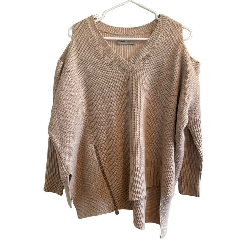AllSaints Womens Able Jumper Sweater XS Cold Shoulder Tan Asymmetrical Rock Punk